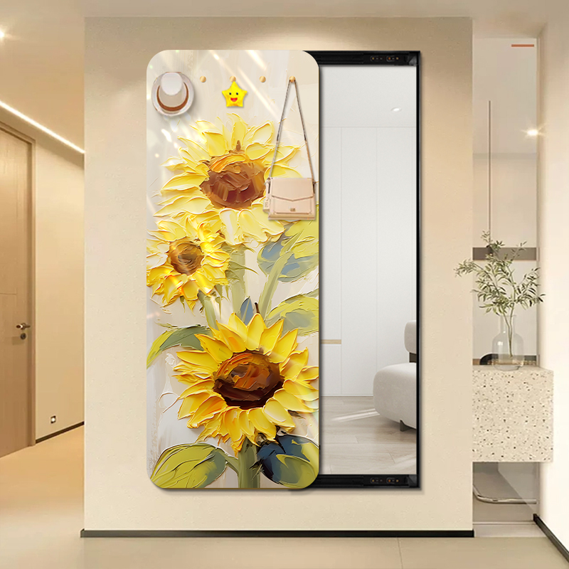 北欧向日葵隐藏式全身镜可推拉玄关客厅镜子装饰画 画隐形穿衣全