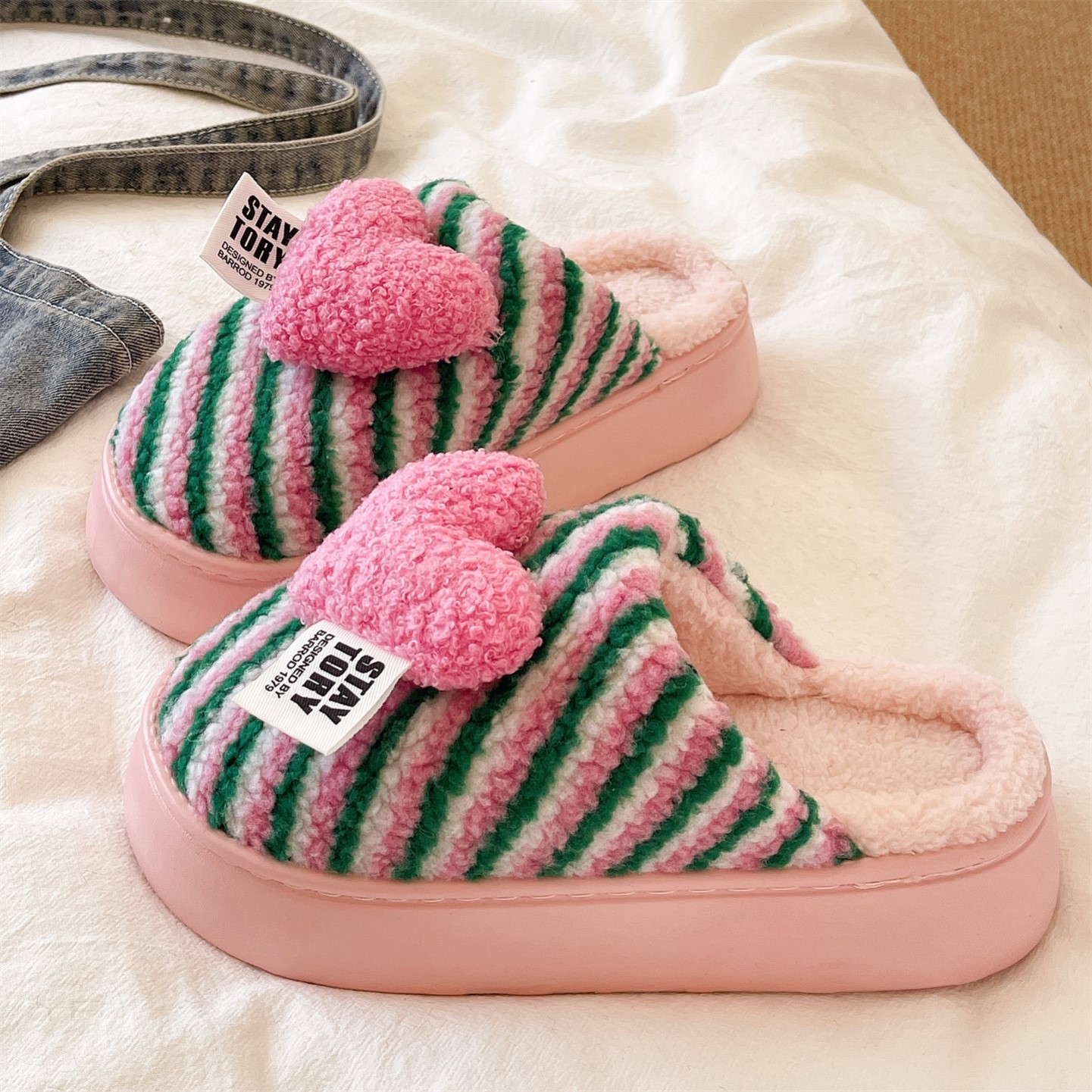 厚底毛毛拖鞋女冬季室内居家防滑可爱爱心条纹毛绒保暖包头棉拖鞋