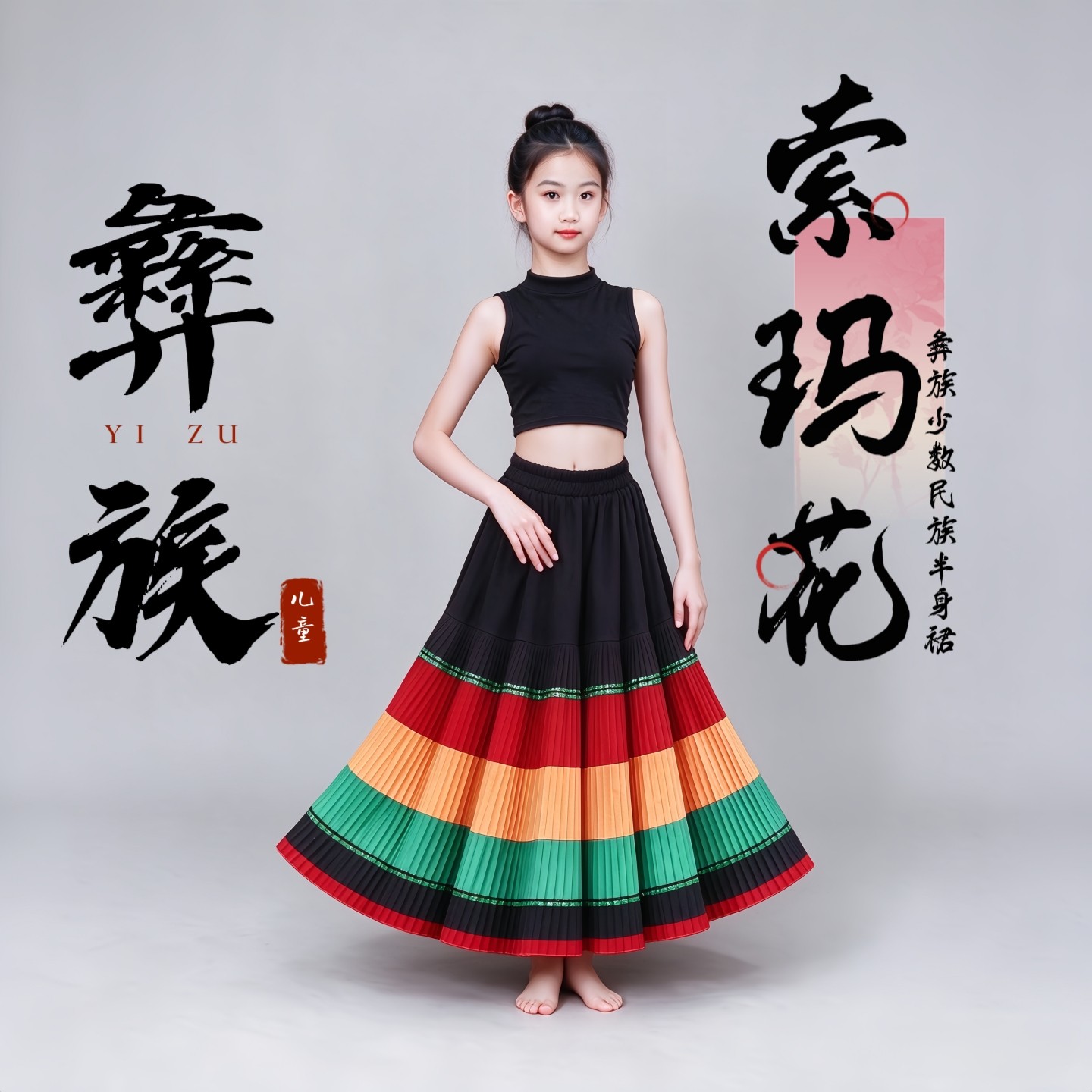 彝族大摆裙大山练习舞蹈服索玛花儿童百褶裙火把节表演服装半身裙