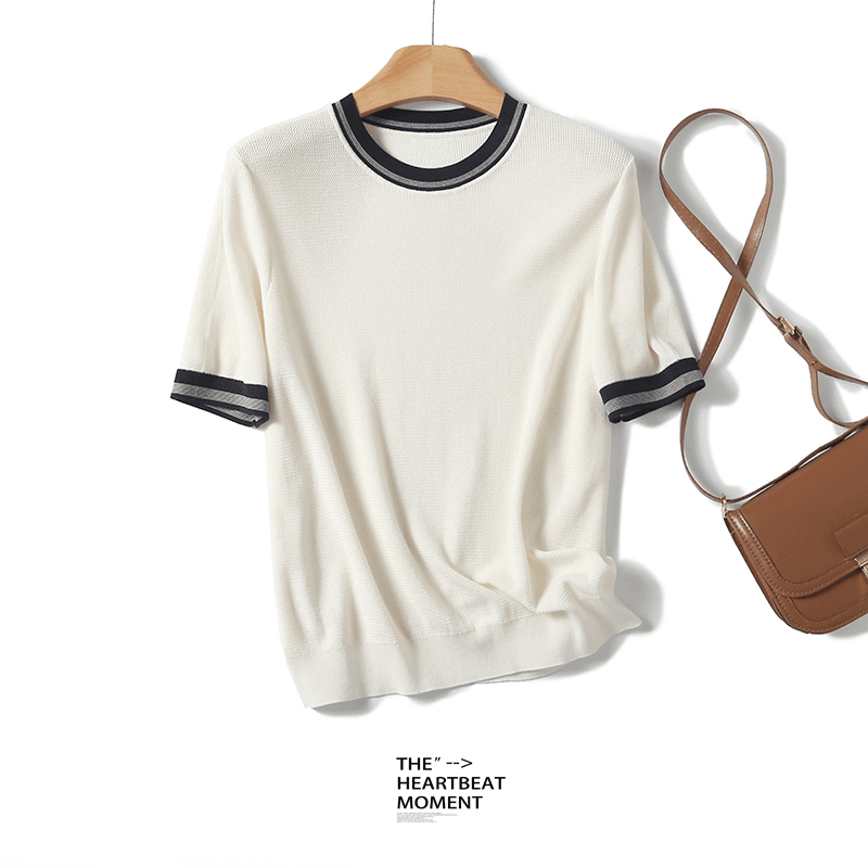 桑蚕丝天丝 撞色短袖针织衫 2025夏季轻薄透气短袖 简约 CleanFit