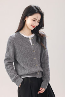 纯羊毛圆领麻花纯色针织开衫  秋冬简约宽松纽扣女士毛衣外套