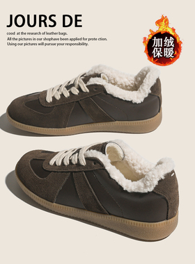 牛皮复古学生德训鞋女新款加绒保暖毛毛板鞋百搭真皮休闲运动棉鞋