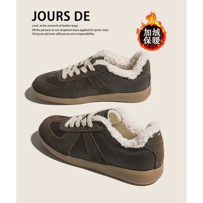 牛皮复古学生德训鞋女新款加绒保暖毛毛板鞋百搭真皮休闲运动棉鞋