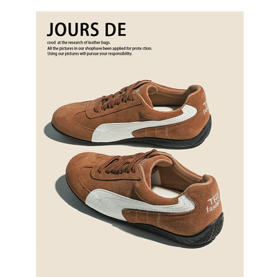 牛皮~复古软底德训鞋赛车真皮学生百搭拼色阿甘休闲板鞋女运动鞋