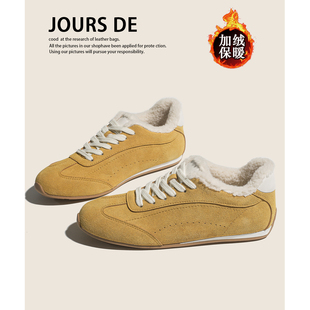 牛皮学生百搭德训鞋女加绒保暖冬季新款黄色休闲运动鞋阿甘棉鞋子