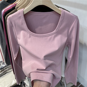 欧货设计感方领锁骨长袖 上0206zd 别致打底小衫 T恤女2026春装 新款