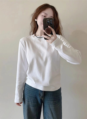 白色正肩内搭打底衫女春高级感小个子长袖t恤短款上衣服0206zd