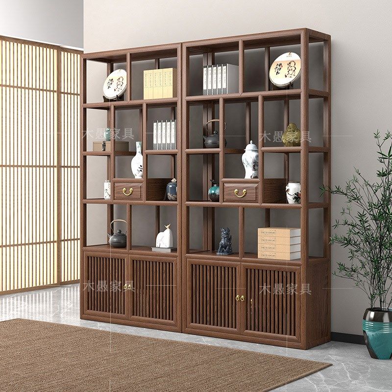 新中式实木置物博古架 胡桃木客厅古董展示架书房办公陈列柜组合