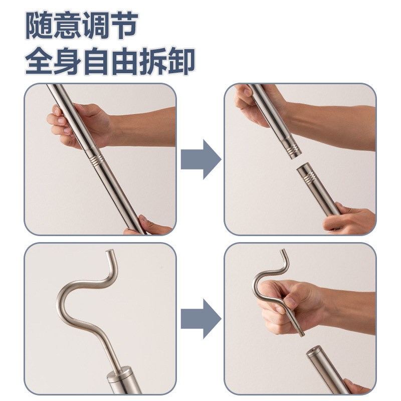 跨境不锈钢晾衣撑衣杆晒衣服叉挑衣杆拼接可拆卸螺纹管亚马逊爆款