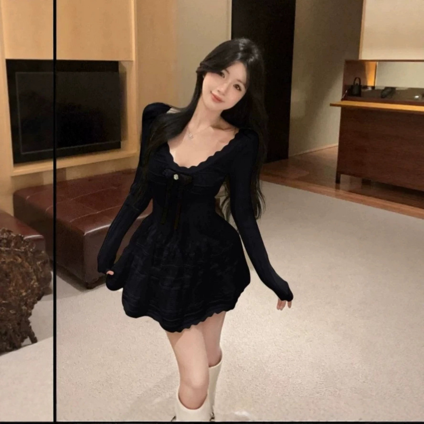 法式千金感V领针织连衣裙