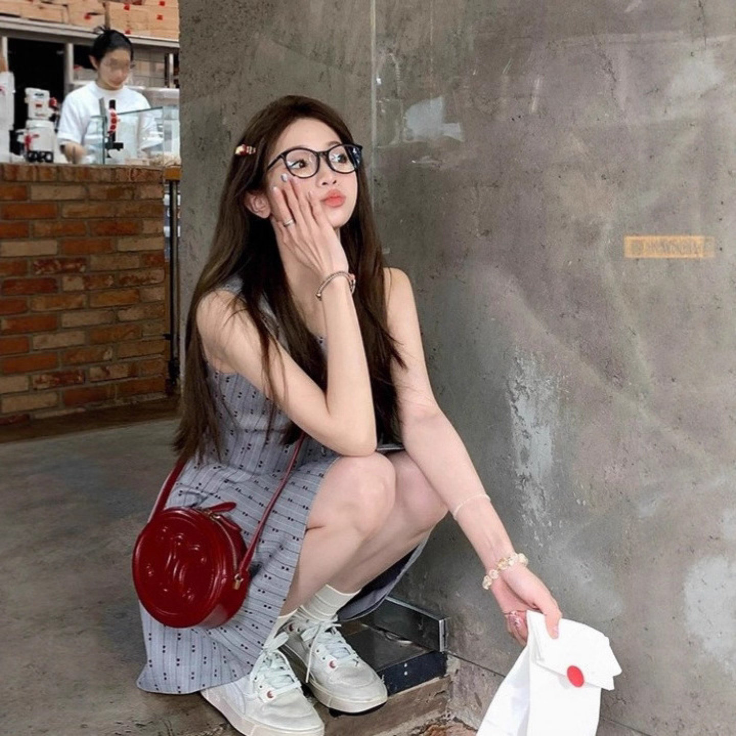 法式复古灰色碎花收腰连衣裙