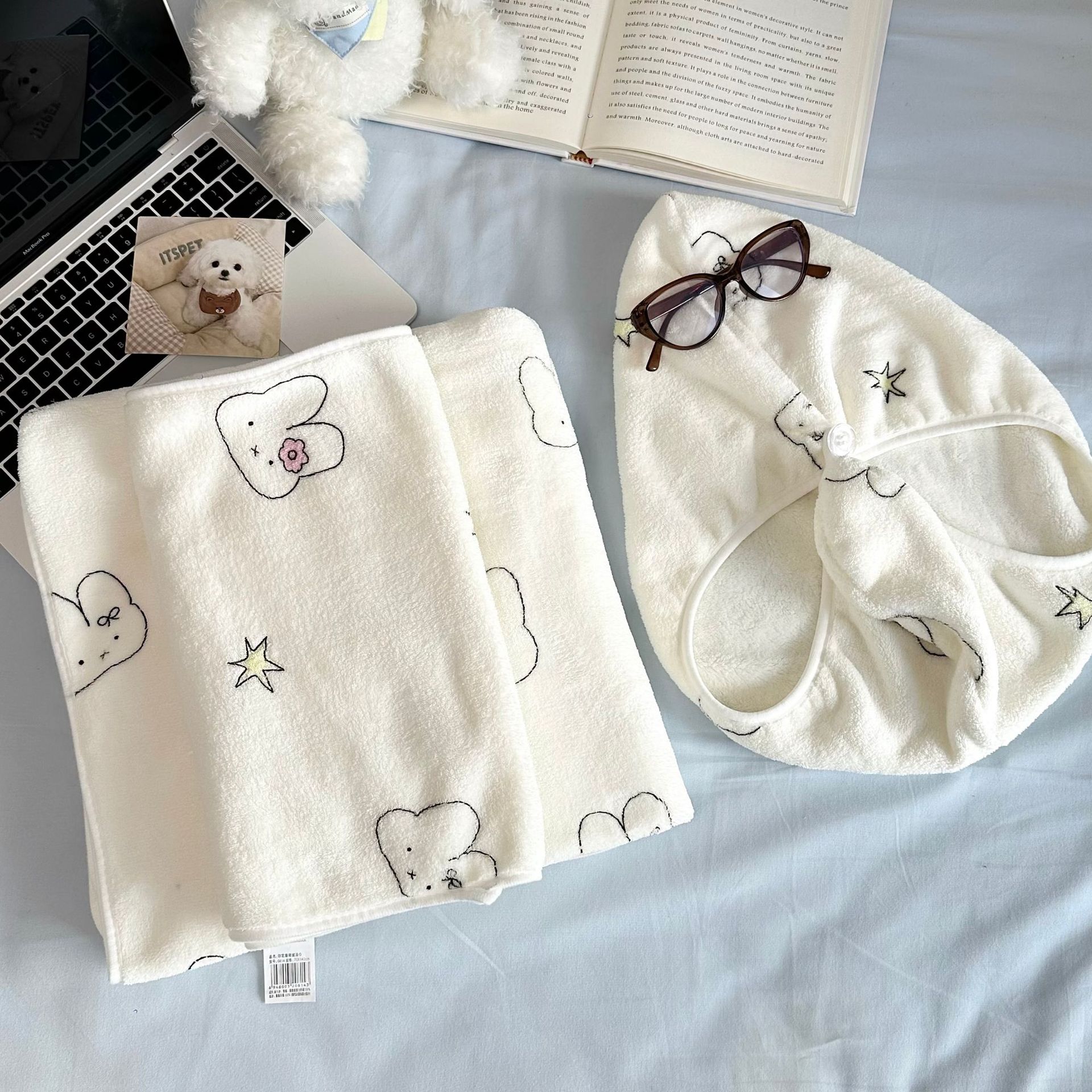星星米菲卡通浴巾女可爱兔子珊瑚绒吸水速干学生毛巾干发帽三件套