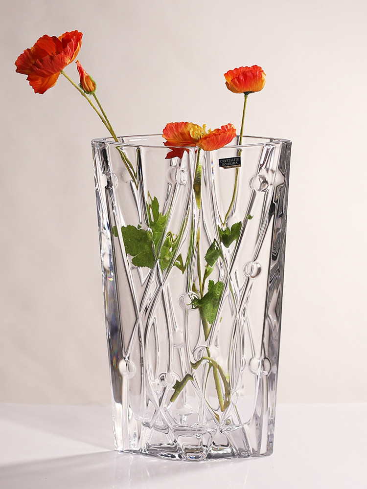 捷克进口水晶玻璃百合花富贵竹花瓶客厅轻奢摆件插花水养高档礼品