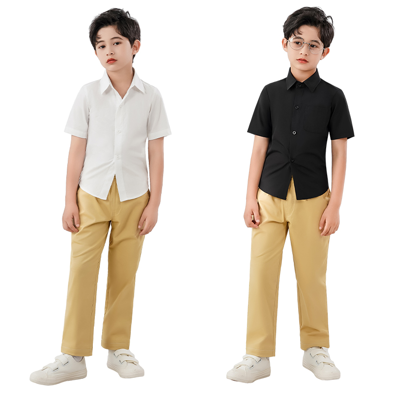儿童白衬衫短袖男女童纯棉黑色衬衣小学生校服班服表演出服夏季薄