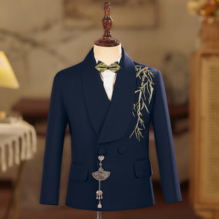新中式男童西装套装儿童西服国潮风男宝主持生日宴礼服演出服藏青