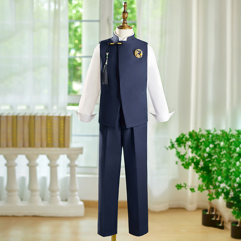 藏青男童中式西装马甲套装中大童主持人礼服儿童西服中国风小学生