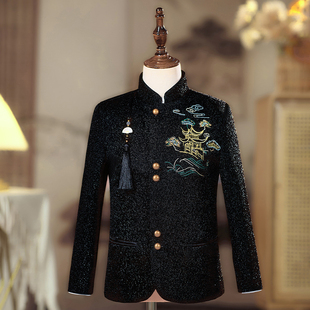 男童西装亮丝中国风刺绣主持人礼服黑色晚会中式演出舞台表演西服