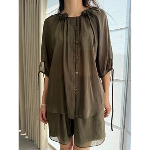 72.5亚麻27.5桑蚕丝 上衣 老钱极简风YD11 五分袖 真丝亚麻衬衫