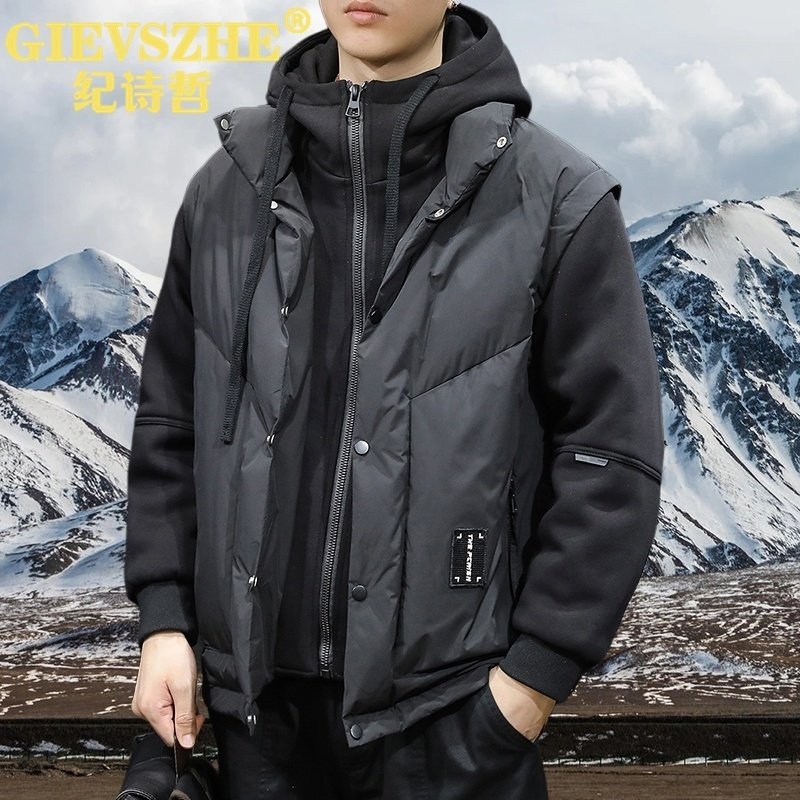 纪诗哲工装潮牌鸭绒连帽羽绒服男