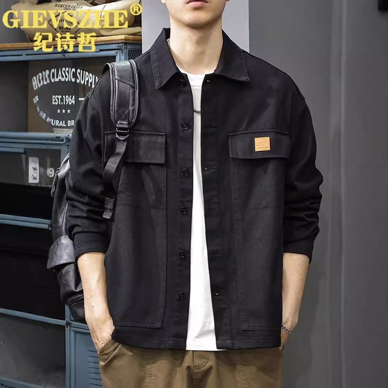 纪诗哲重磅美式复古工装夹克男宽松大码春秋外套硬汉猎装牛仔衬衫