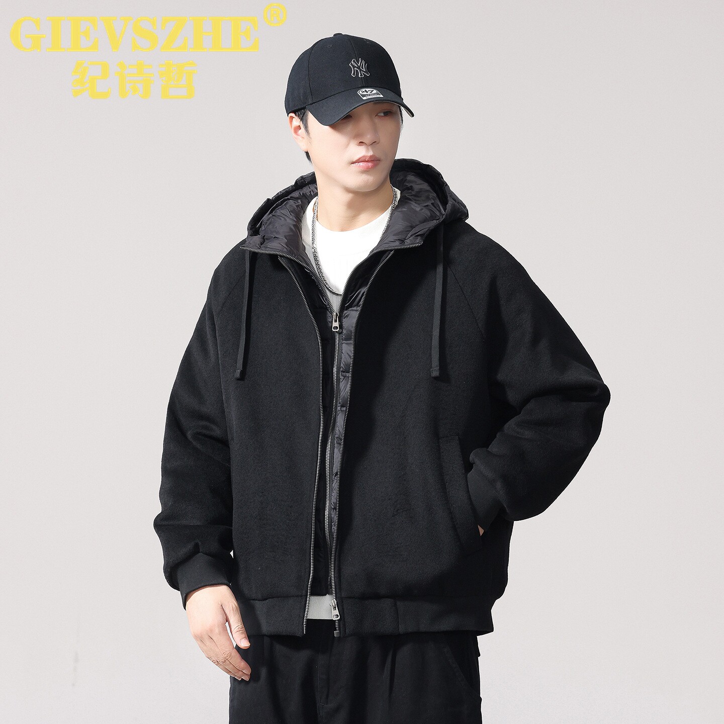 纪诗哲羽绒服男冬季2026新款假两件拼接连帽卫衣宽松羊毛潮牌外套