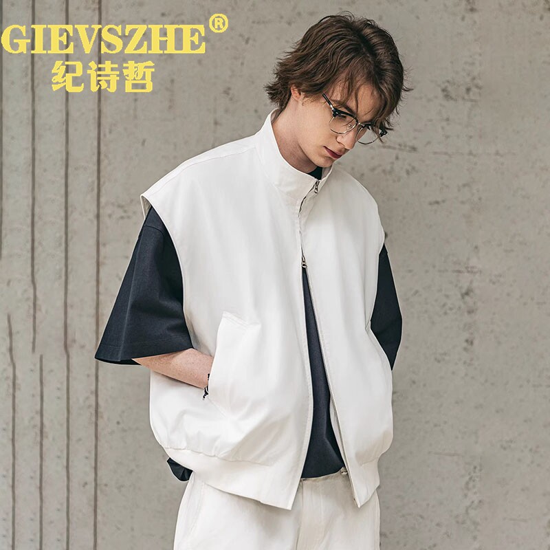 纪诗哲极简都市风白色无袖坎肩马甲外套男士2026春秋季新款上衣