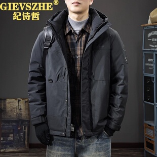 纪诗哲冬季新款轻薄工装连帽羽绒服男宽松保暖户外运动休闲外套
