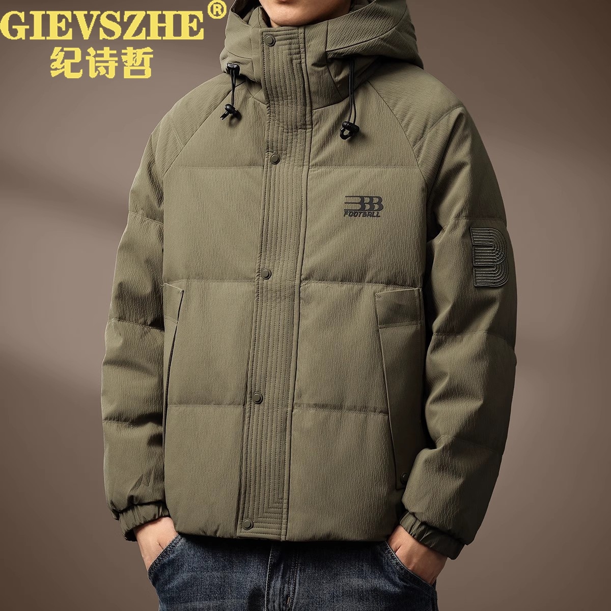 纪诗哲高端美式复古连帽羽绒服男