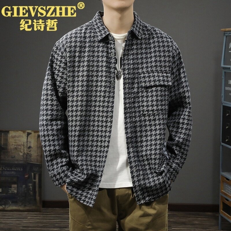 纪诗哲2026春季新款潮牌复古千鸟格长袖衬衫男休闲痞帅夹克外套男