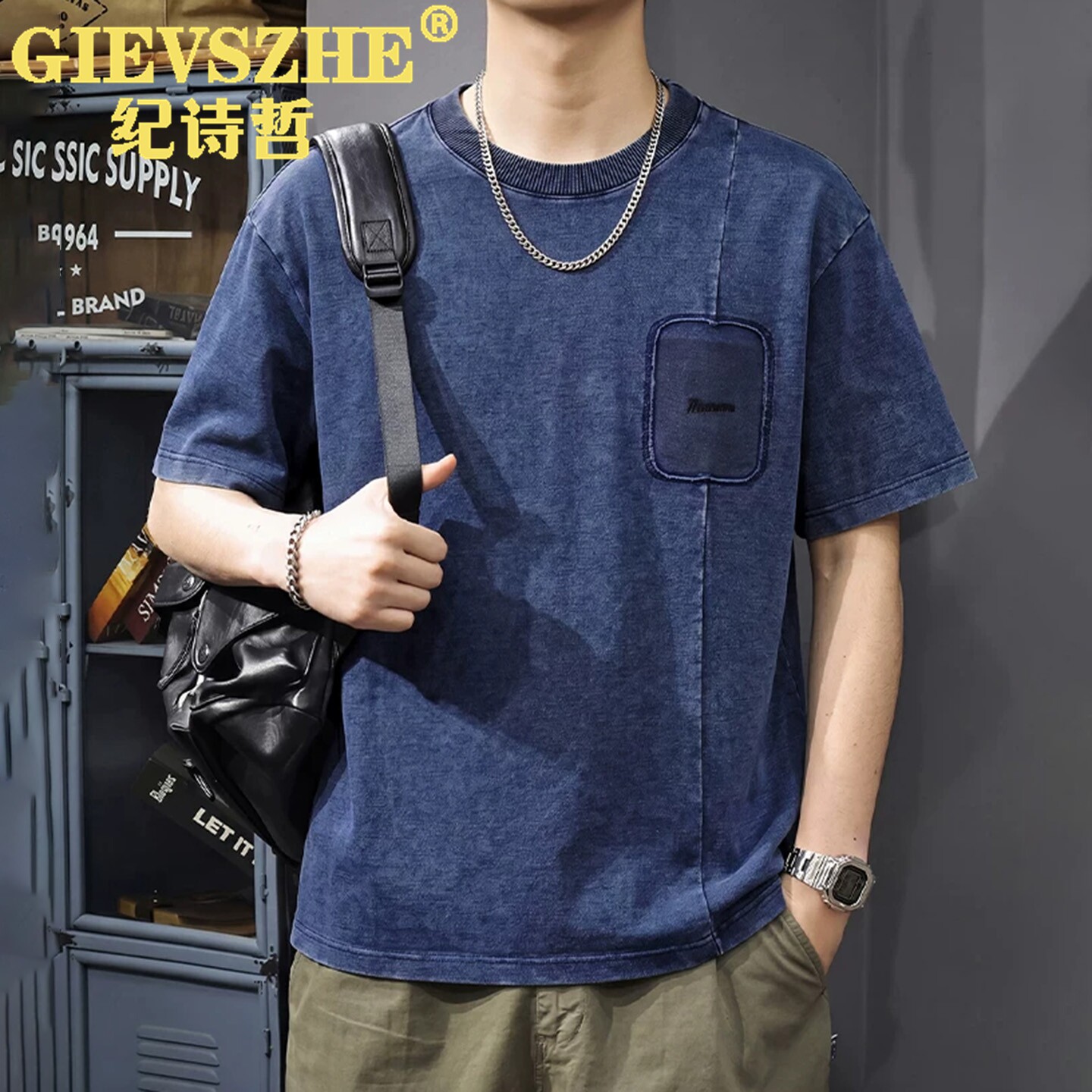 纪诗哲美式重磅拼接短袖T恤男