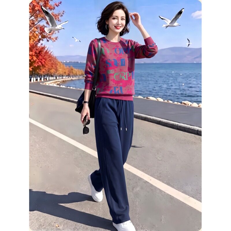 素雅订制女装原创品牌秋季新款时尚印花宽松上衣松紧腰休闲裤套装
