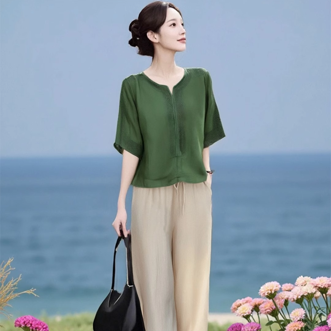 素雅订制女装原创品牌休闲时尚妈妈装七分袖上衣直筒阔腿裤两件套