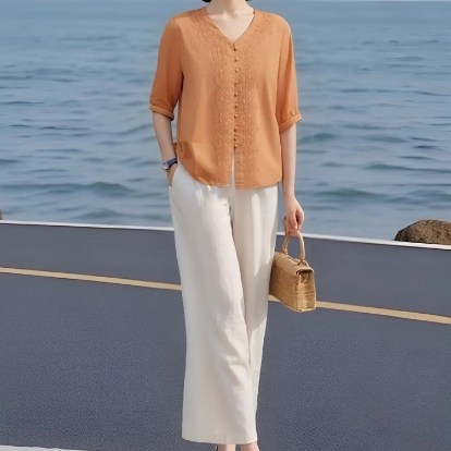 素雅订制女装原创品牌旗舰新中式刺绣小衫宽松直筒九分裤两件套装