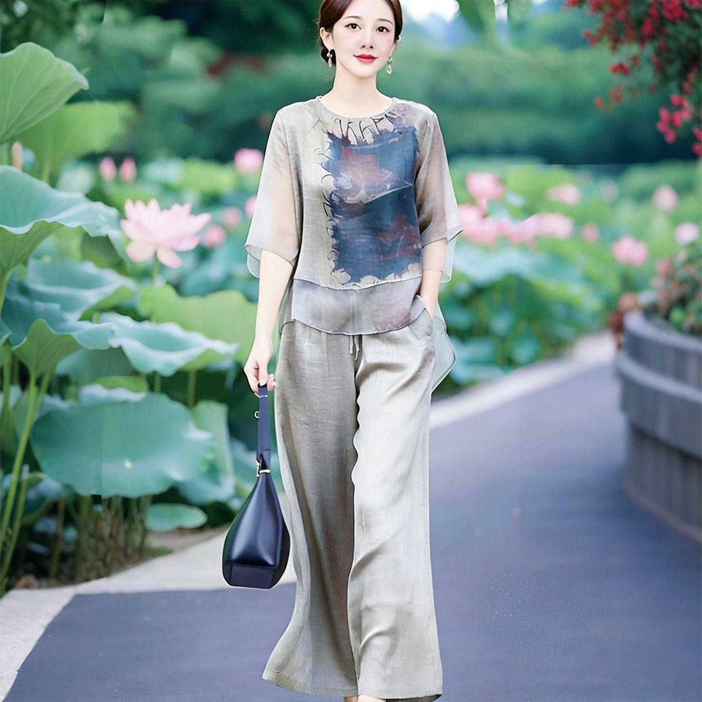 素雅订制女装原创品牌2026夏季新款国风印花上衣宽松九分裤子套装