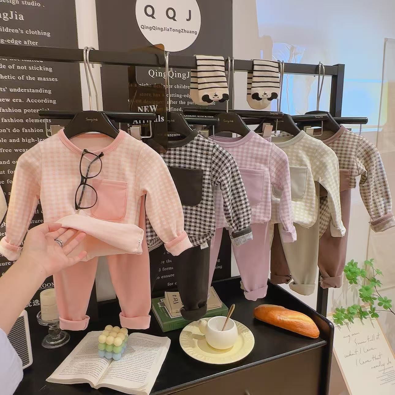 儿童家居服套装休闲保暖秋衣秋裤女童时尚格子印花春秋冬男女童