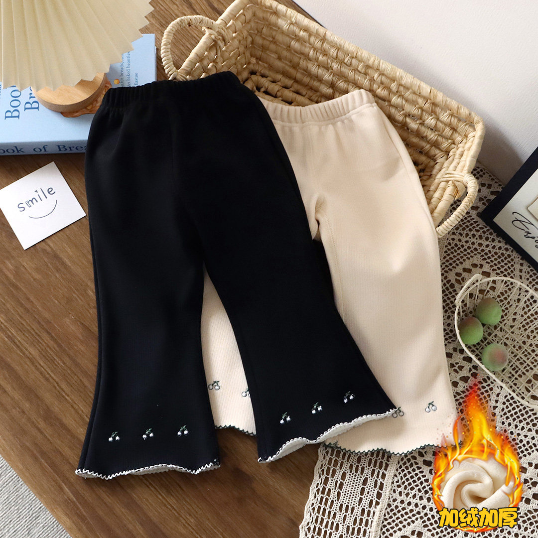 女宝喇叭裤加绒打底裤樱桃刺绣加绒百搭外穿长裤秋款韩版洋气宝宝