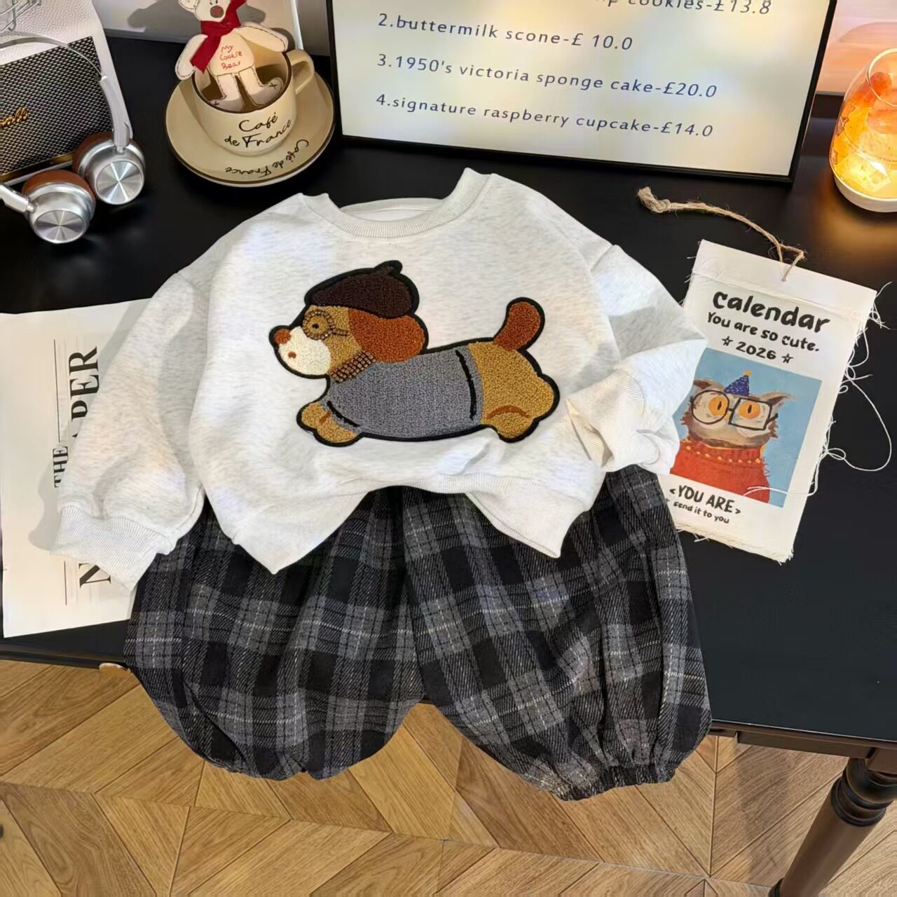 儿童卫衣卫裤套装秋季新款男童女童贴布绣卫衣豹纹格子卫裤两件套