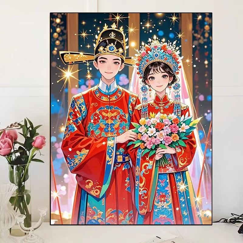 中式结婚新人带框钻石画满钻新款客厅手工砖石贴画新婚礼物婚房