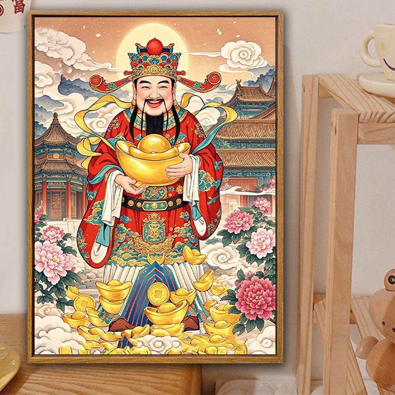 2026新款财神爷钻石画满钻客厅玄关手工点贴钻十字绣装饰画带框5D