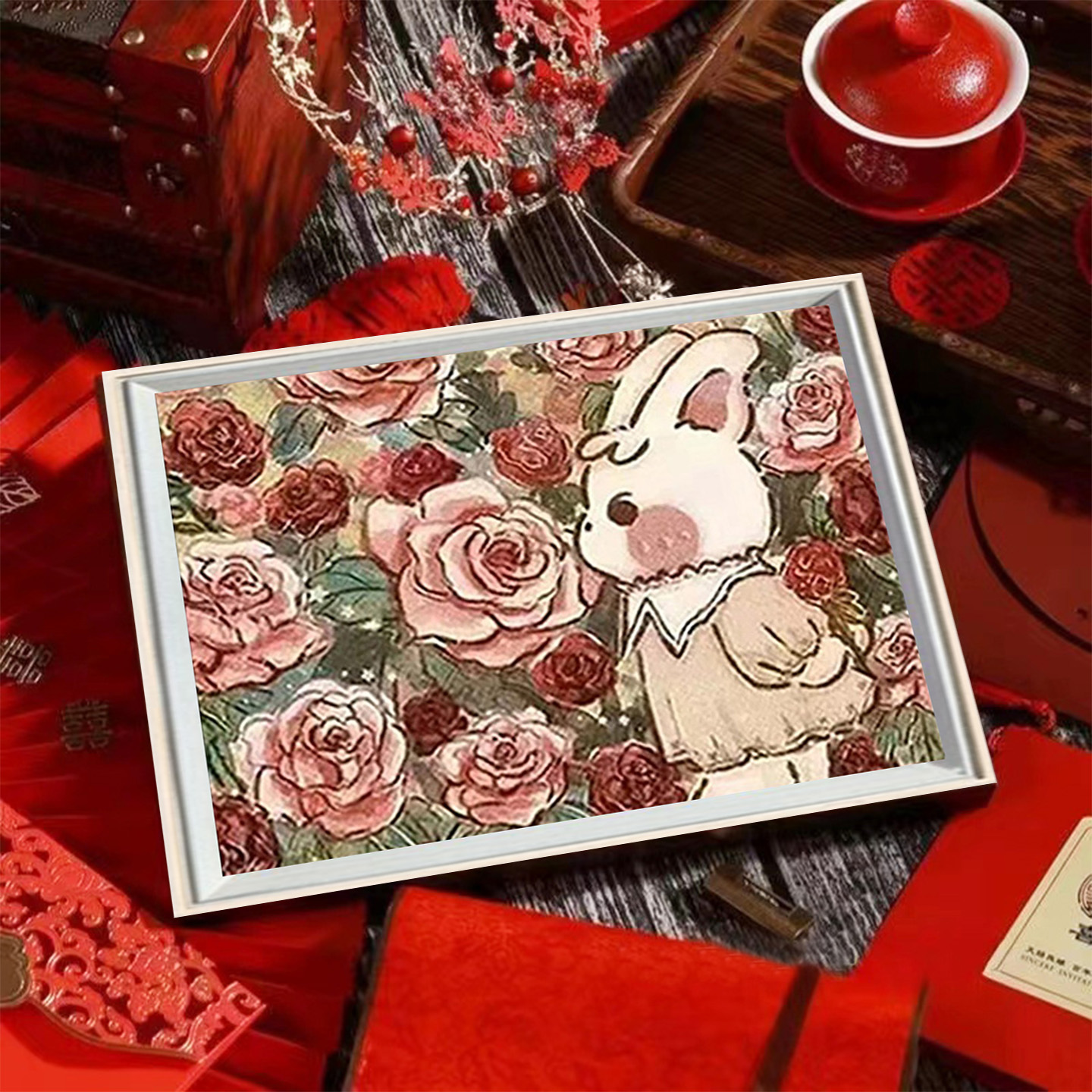 郁金香兔子diy带框满钻钻石画