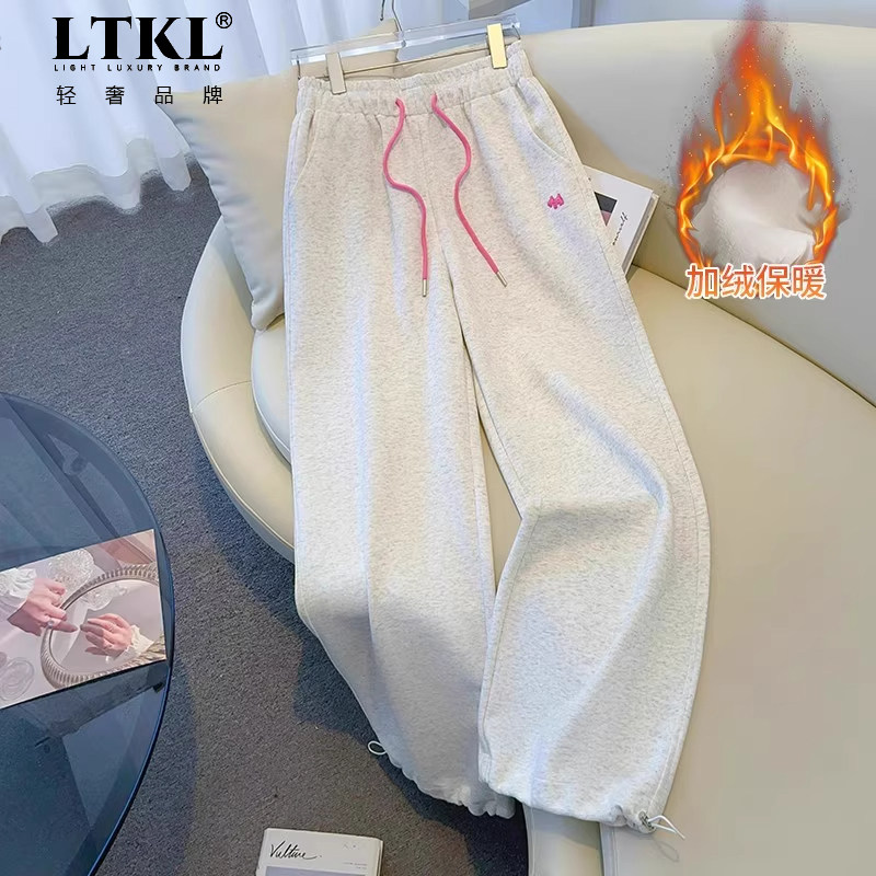 灰色休闲运动加绒卫裤女2025新款冬季加厚小个子超好看束脚阔腿裤