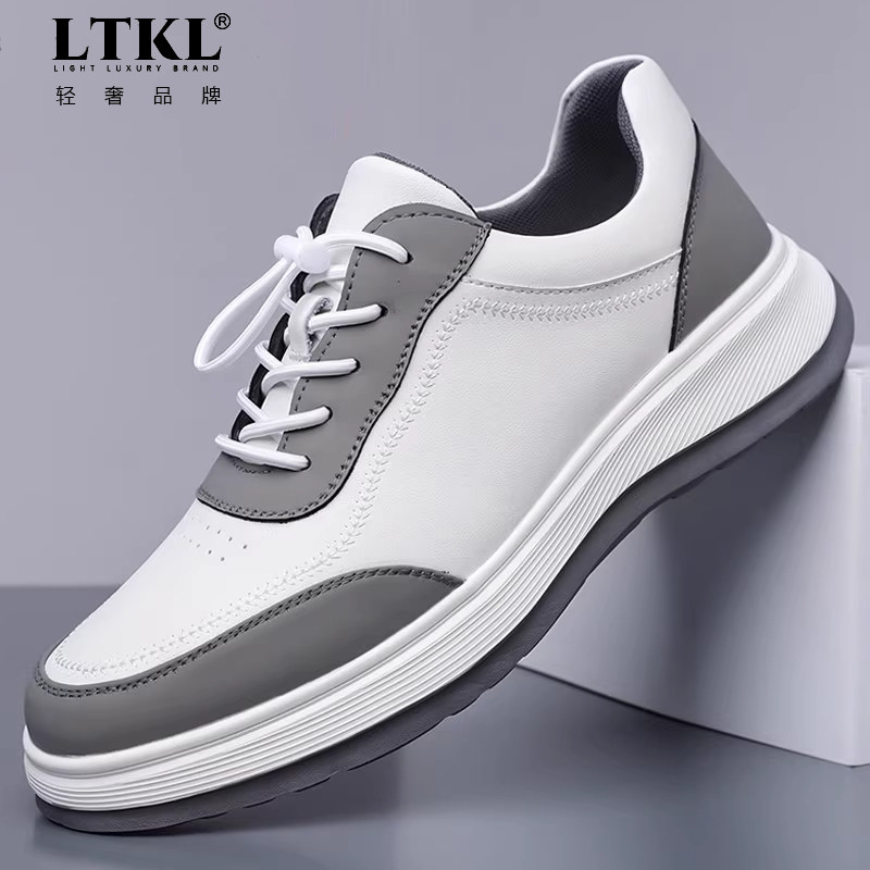 新款休闲皮鞋男款透气春秋季运动板鞋轻便软底软面内增高鞋子男鞋