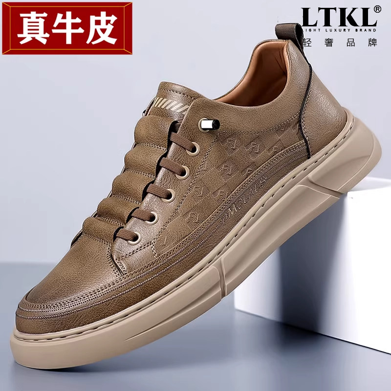 休闲皮鞋男款平板鞋男士透气运动套脚免系带开车鞋真皮休闲鞋男鞋
