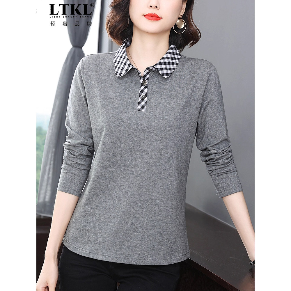 纯棉长袖T恤女有领中年妈妈上衣2025年新款格子磨毛绒popl衫春秋