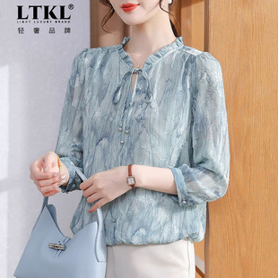 小衫 洋气百搭雪纺上衣早秋纱袖 中老年巨好看T恤 2025新款 妈妈秋装
