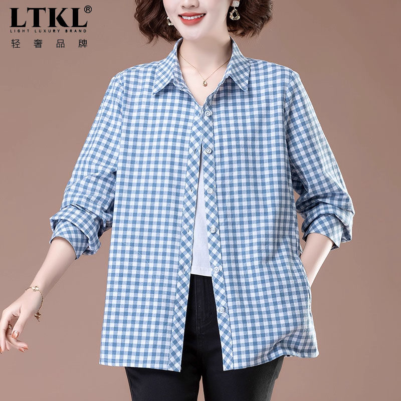 妈妈春装衬衫女大码长袖春秋中老年女士宽松薄款上衣格子衬衣外穿