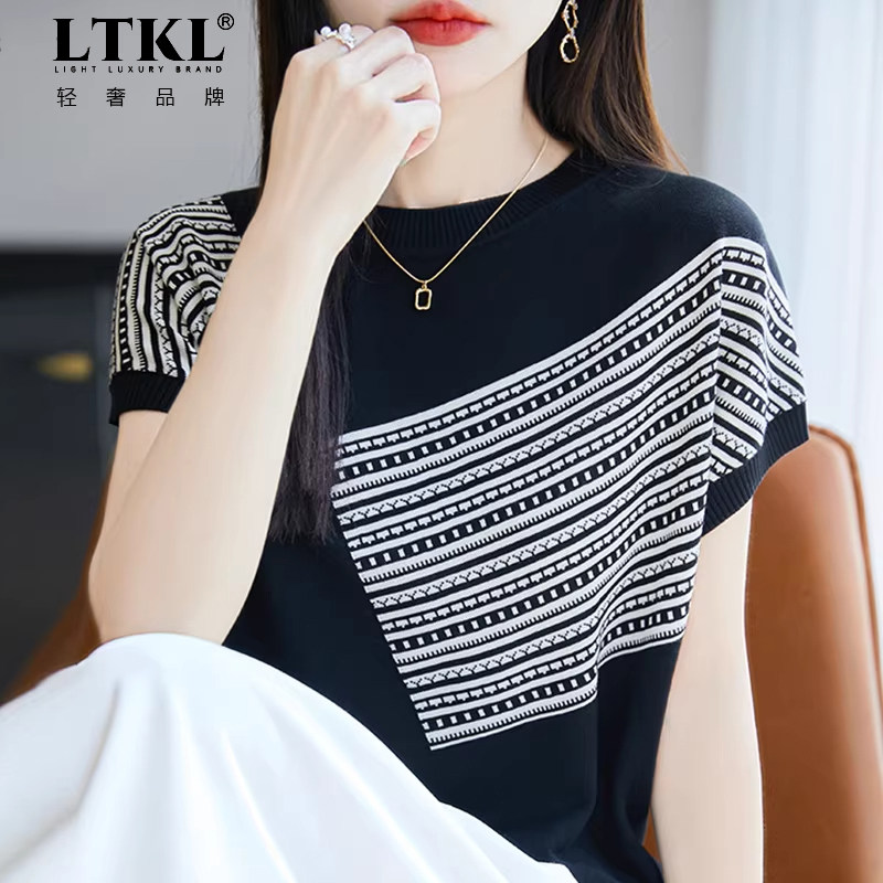 时尚拼接短袖t恤女夏季2026新款打底衫洋气大码女装冰丝针织上衣