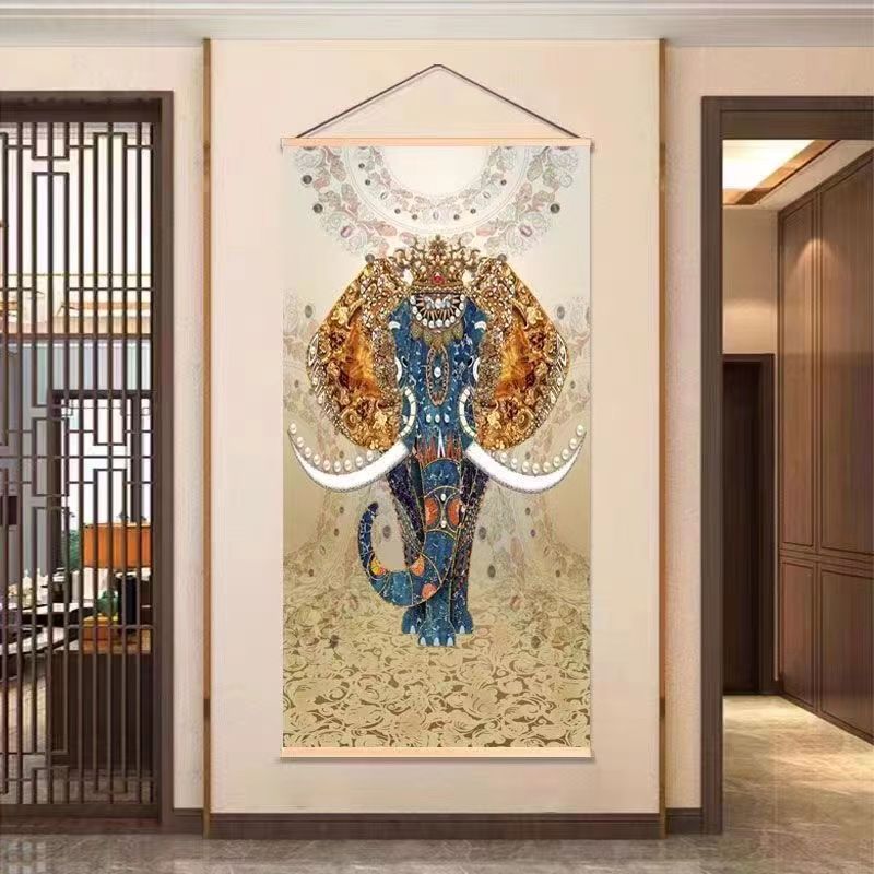 大象挂画玄关布艺装饰画装饰品墙上挂墙富贵孔雀吉祥物挂布挂毯画图片