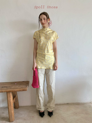 Spoii Unosa原创设计黄色小兔印花高级中式垂坠上衣连衣裙两穿