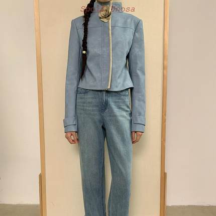 Spoii Unosa原创设计时髦经典宽边直筒9分设计感百搭牛仔裤